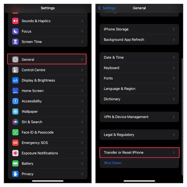 iPhone లేదా iPadని బదిలీ చేయండి లేదా రీసెట్ చేయండి